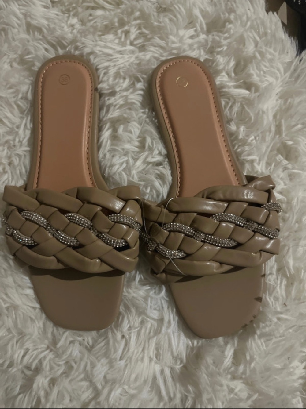 Braided Slide Sandals with Crystal Accent in Taupe